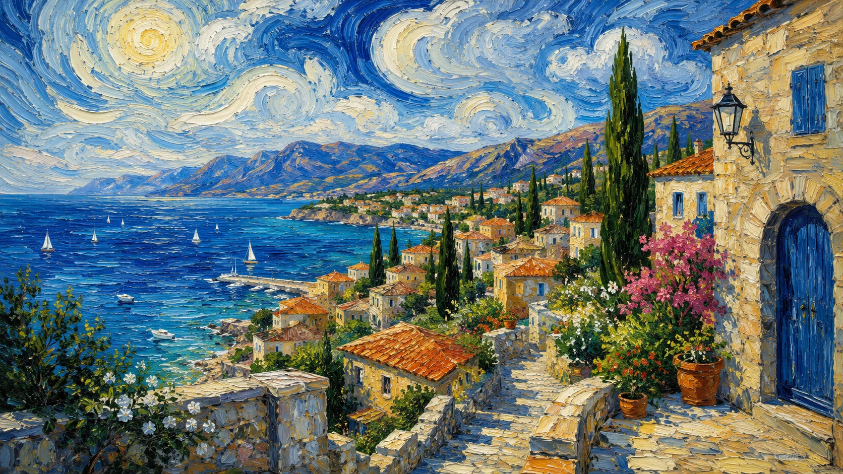 Riviera en Bleu — tableau peint à la main, Atelier LUNARTIA