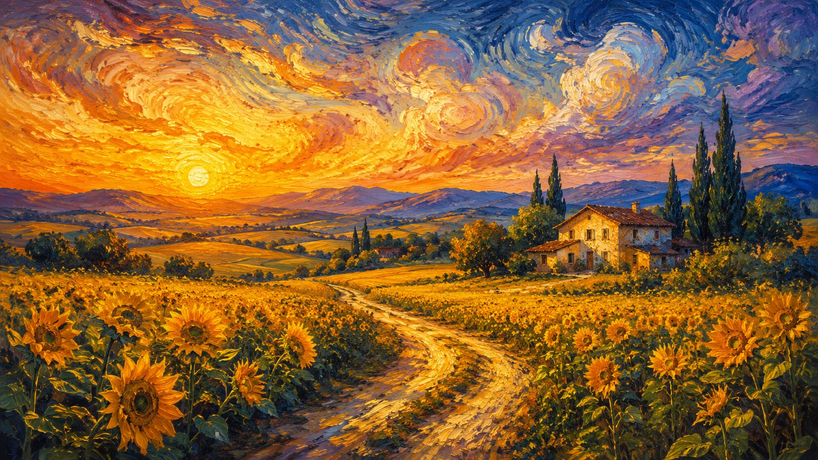 Champ de Tournesols au Couchant — tableau peint à la main, Atelier LUNARTIA