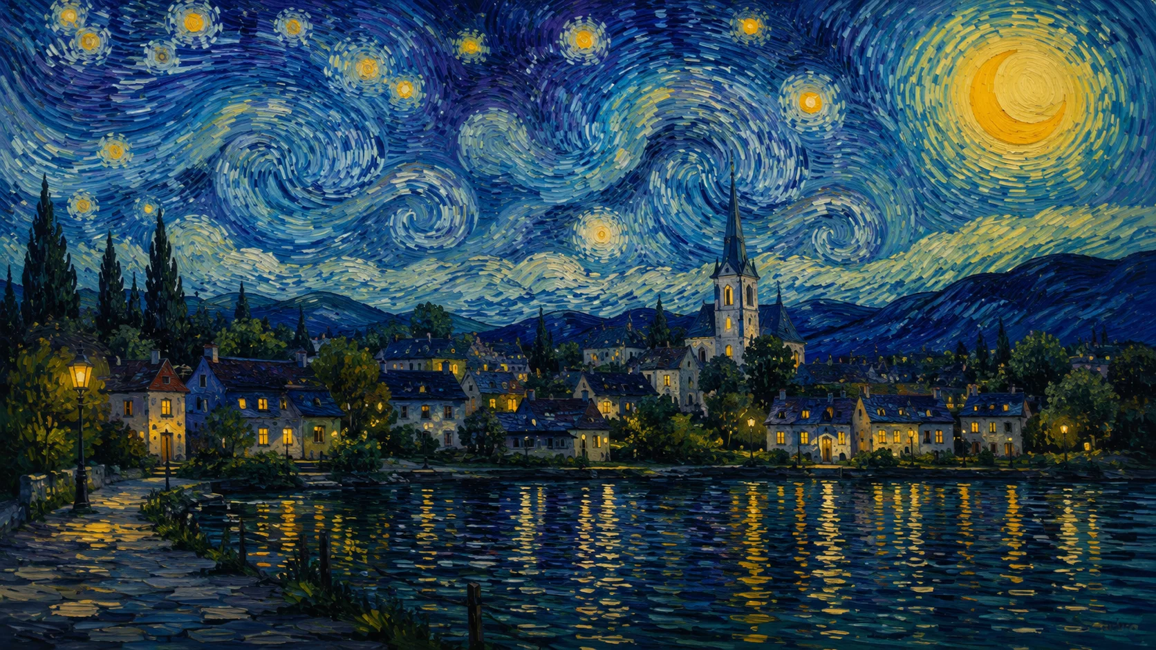 Nuit Étoilée sur la Rivière — tableau peint à la main, Atelier LUNARTIA